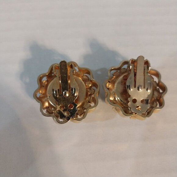 Vintage Mosaic Cabochon Earrings Blue Green White And Gold Tone - Picture 3 of 4